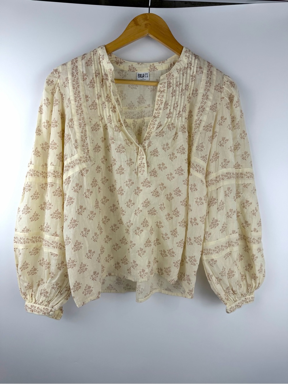 Bila-77 Cream Floral Print Peasant Blouse Balloon Sleeve Sz XS Cottagecore